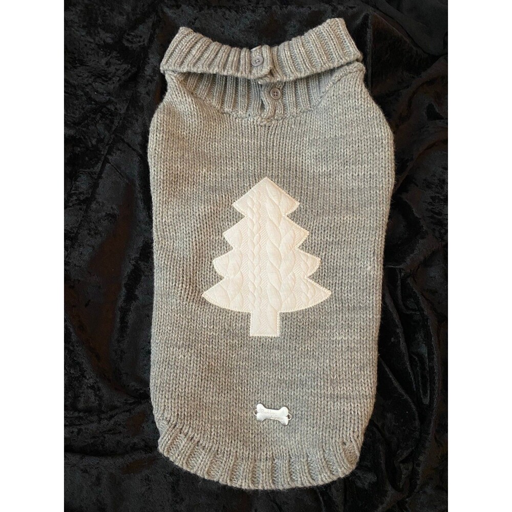 Dog Sweater Grey Knit White Christmas Tree Appliqué Barkley & Finn NWOT Size M